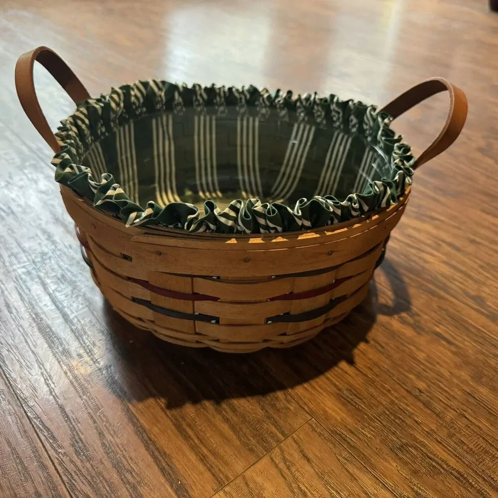 Longaberger Basket 1999 Red Green Woven Green Striped Liner Plastic Protector
